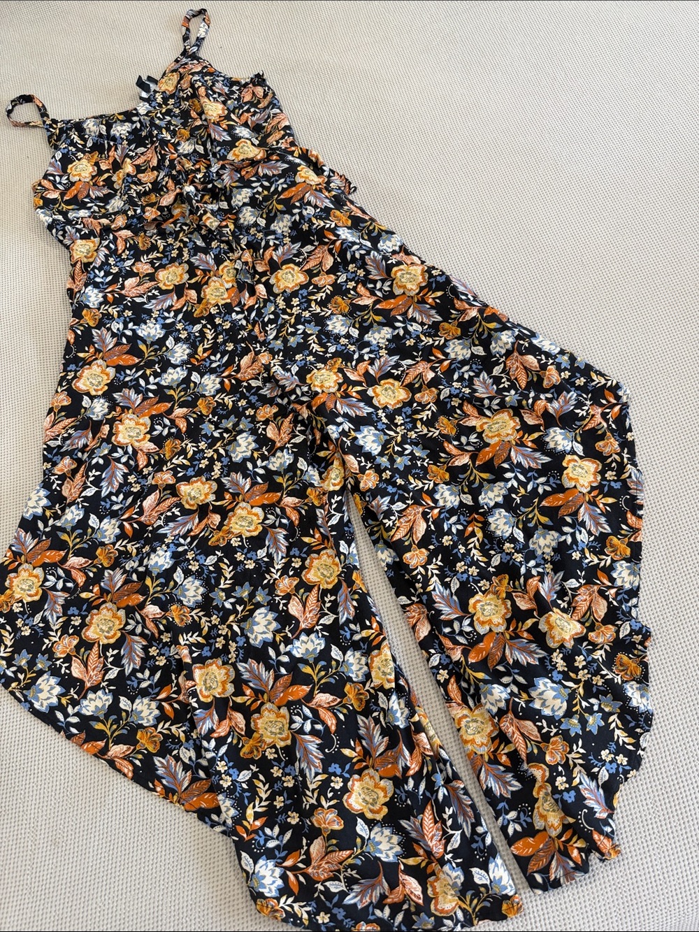 MSK Navy Floral Wide-Leg Jumpsuit with Mustard Accents